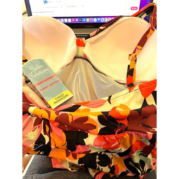 Swim Solutions BLACK Botanical Beauty Bow-Front Swimdress, US 8 - Picture 5 of 5